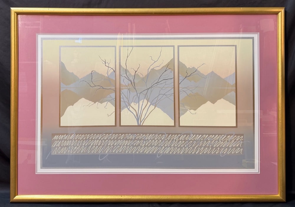JOY BROE (20th CENTURY) ABSTRACT LANDSCAPE LIMITED EDITION, HAND SIGNED SERIGRAPH, 33IN x 46IN (84cm: Contemporary American serigraph by Joy Broe titled Confetti. It features a serene, triptych-style abstract landscape composition. The image is structured into three framed panels depicting softly laye