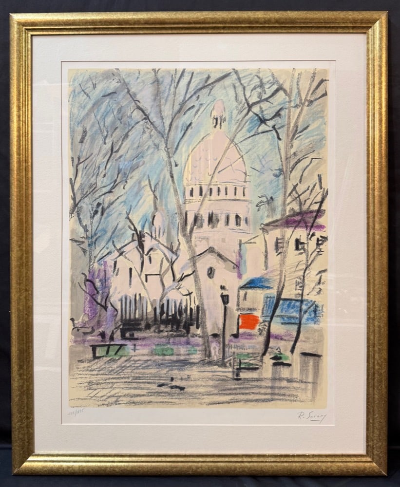 ROBERT SAVARY (1898-1988) MONTMATRE, SACRE COEUR PARIS, HAND SIGNED, LIMITED-EDITION LITHOGRAPH,: Expressive color lithograph by French artist Robert Savary (1898–1988) depicting a Paris street scene in Montmartre with the dome of the Basilica of Sacré-Cœur rising th