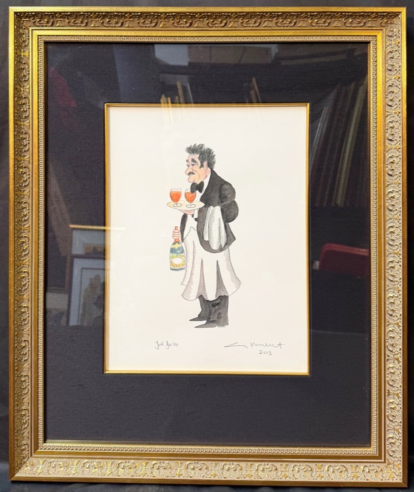 GUY BUFFET (1943) ORIGINAL, HAND SIGNED WATERCOLOR TITLED JUST FOR US, 20.5IN x 24.5IN (52cm x 62cm): This is a charming original watercolor by internationally acclaimed French-American artist Guy Buffet. It captures one of his most iconic subjects…..the elegant, slightly whimsical waiter. 