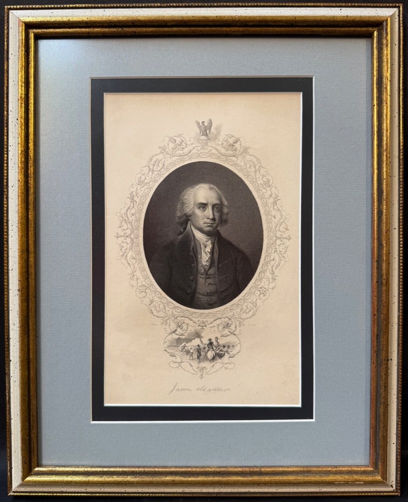 JAMES MADISON ENGRAVING WITH BURNING OF THE U.S. CAPITOL 1814 VIGNETTE, AFTER GILBERT STUART, 12.5IN (1 of 10)