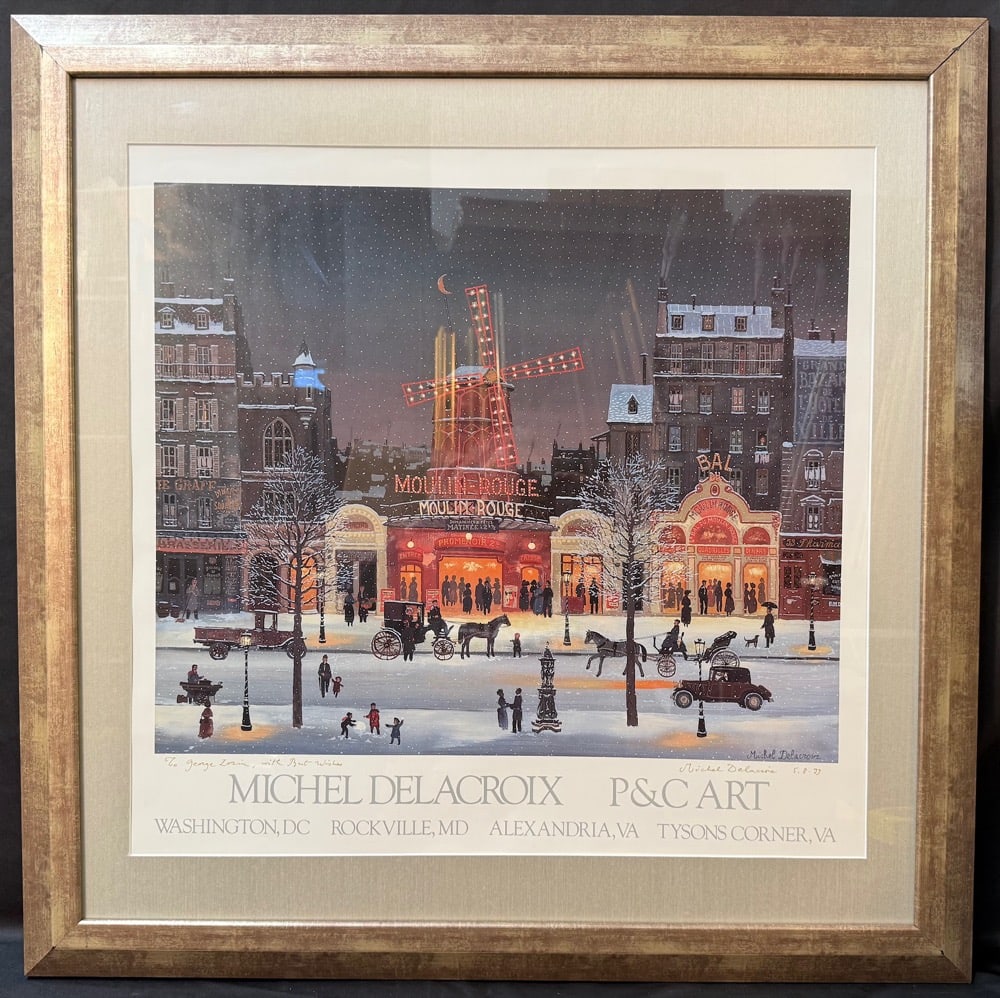MICHEL DELACROIX (1933) HAND SIGNED, ORIGINAL LITHOGRAPH TITLED MOULIN ROUGE SUR LA NEGE, 34IN x: Charming winter Paris scene by French artist Michel Delacroix, depicting the iconic Moulin Rouge illuminated against a softly falling snowfall. Horse-drawn carriages, early automobiles,