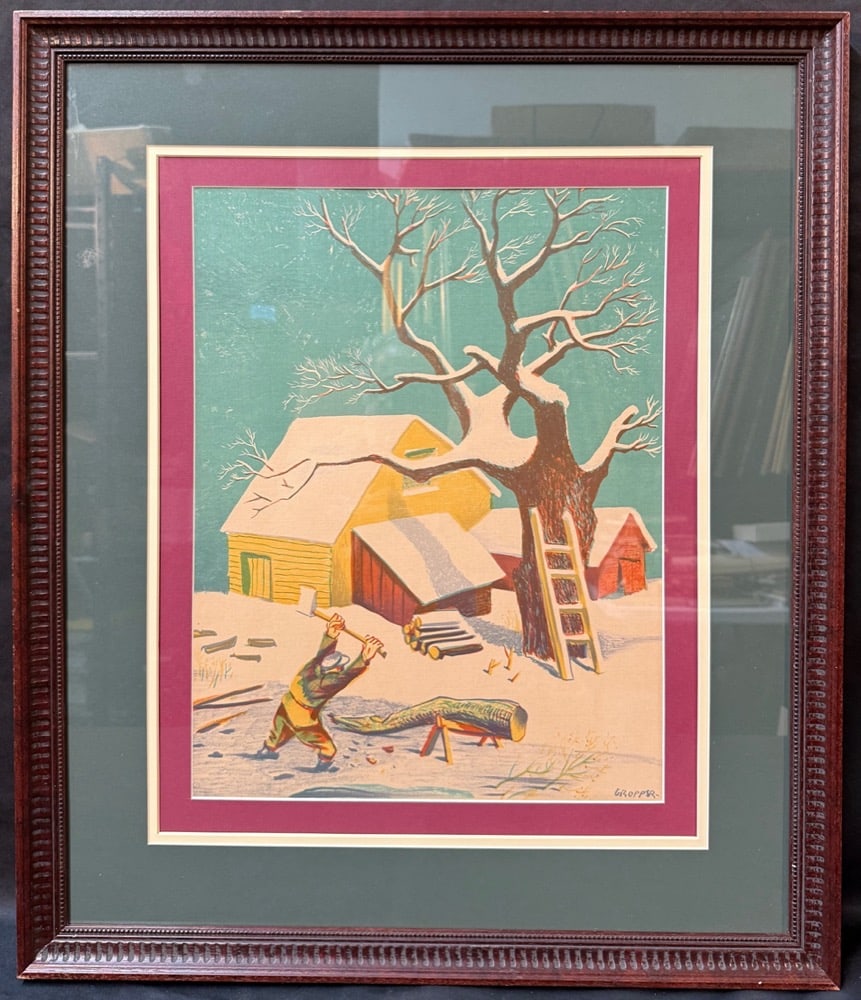 WILLIAM GROPPER (1897-1977) ORIGINAL, LIMITED-EDITION COLOR LITHOGRAPH TITLED WOODCUTTER, 23.5 x: Expressive color lithograph by American Social Realist artist William Gropper titled Woodcutter, depicting a rural winter scene with a laborer splitting logs beneath a snow-laden tree, flanked by