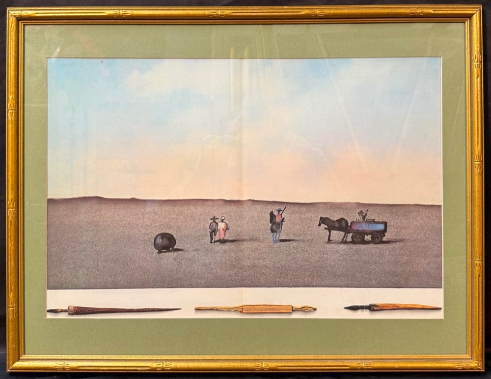 SAUL STEINBERG (1914-1999) ORIGINAL UNTITLED LITHOGRAPH, 19.5IN x 25.5IN (50cm x 65cm): Saul Steinberg (1914-1999) original untitled lithograph. This lithograph was produced in 1973 in Paris by Gallery Maeght Paris for Derriere le Mirior. It is matted and framed under glass in a golden f