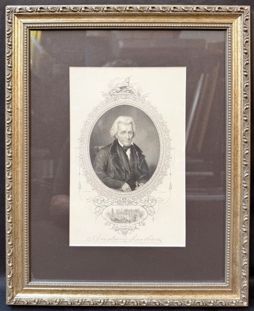 ANDREW JACKSON PRESIDENTIAL STEEL ENGRAVING, WAR COMMAND PORTRAIT WITH HERMITAGE BY W.J. EDWARDS: A commanding 19th-century steel engraving of Andrew Jackson—one of the most forceful and consequential figures in American history—captured here not merely as a statesman, but as a symbol 