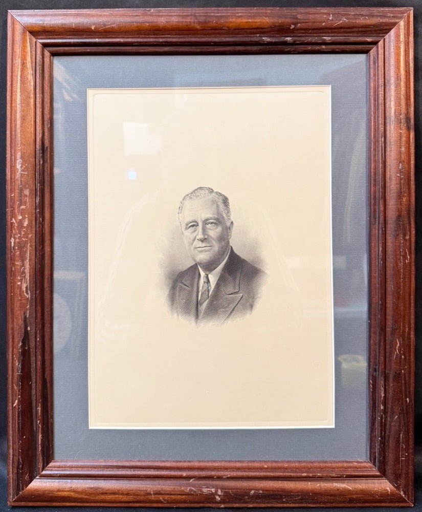 FRANKLIN D. ROOSEVELT ENGRAVED PORTRAIT, J. EISSLER SC. 1908, PRESIDENTIAL AUTHORITY WALL ART, 13.5: A finely executed engraved portrait of Franklin D. Roosevelt, rendered with exceptional precision and tonal control in the tradition of early 20th-century American line engraving. Signed in the plate 