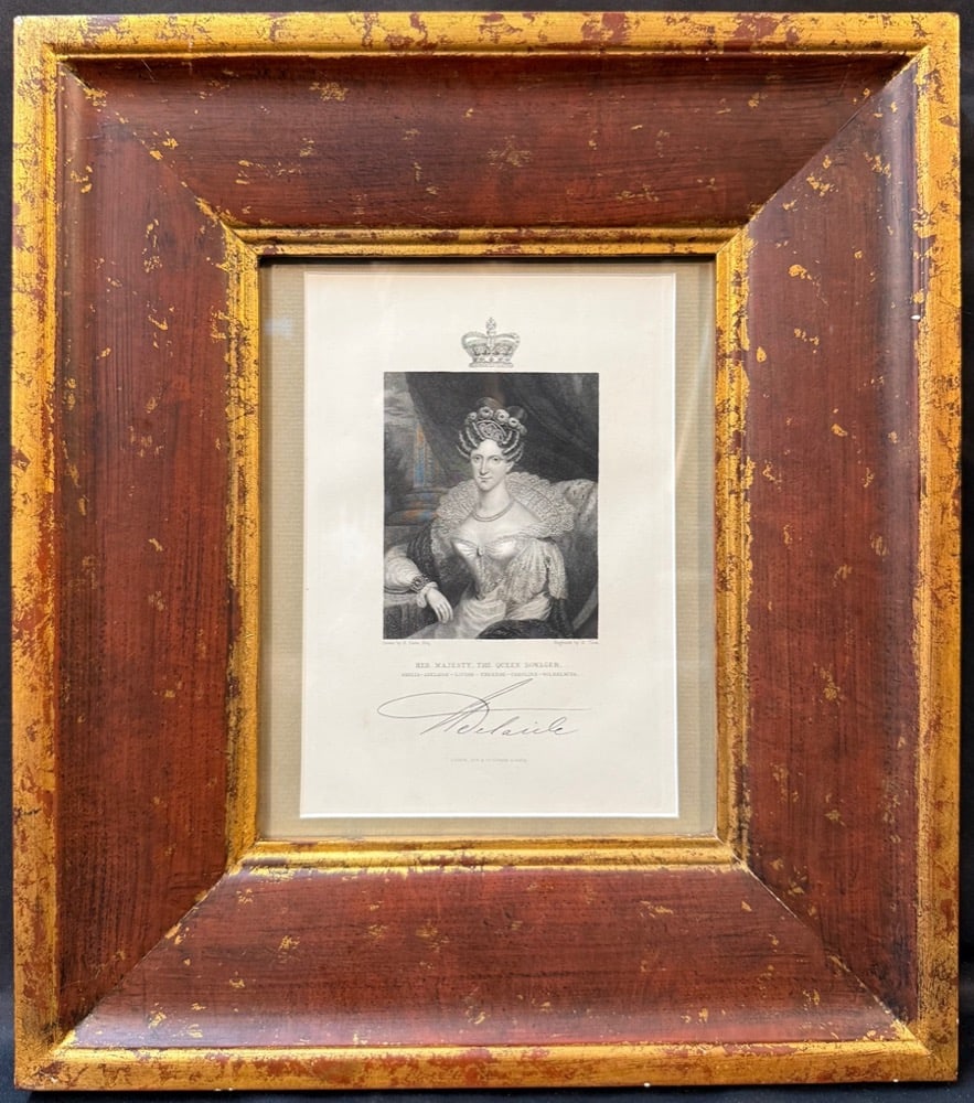 19TH CENTURY BRITISH ROYAL ENGRAVING OF QUEEN ADELAIDE (QUEEN DOWAGER), FISHER, SON & CO., 14.5IN x: A refined and highly decorative mid-19th century steel engraving portrait of Queen Adelaide, Queen Consort of King William IV, presented here as “Her Majesty, The Queen Dowager.” This eleg