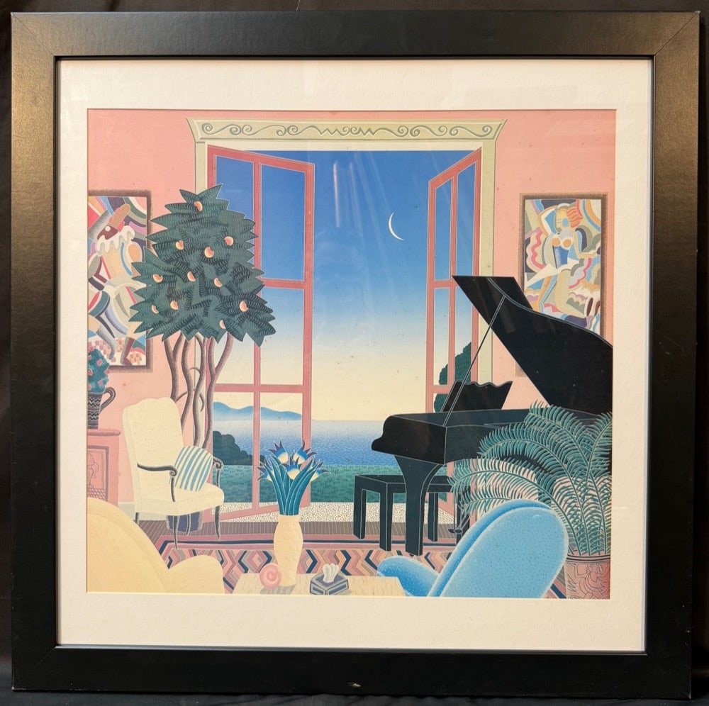 THOMAS MCKNIGHT (1941) SERIGRAPH TITLED COCONUT GROVE, 29.5IN x 29.5IN (75cm x 75cm): Serigraph by American artist Thomas McKnight (1941) is titled Coconut Grove, and is part of McKnight’s In The Tropics Suite. This piece was offered through Hanson Galleries and it was produced i