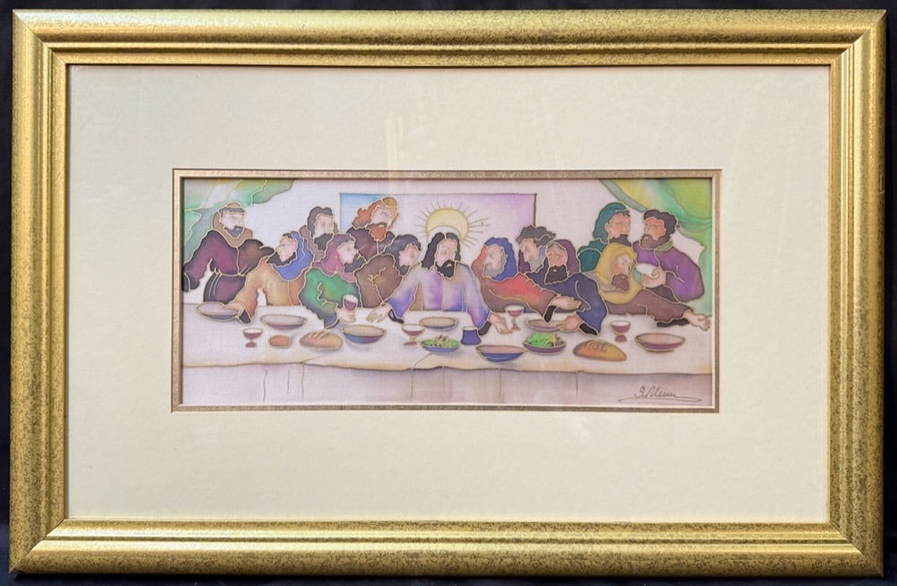 HAND-PAINTED SILK "THE LAST SUPPER" AFTER LEONARDO DA VINCI, SIGNED S. MUNN, 17IN x 25.5IN (43cm x (1 of 5)