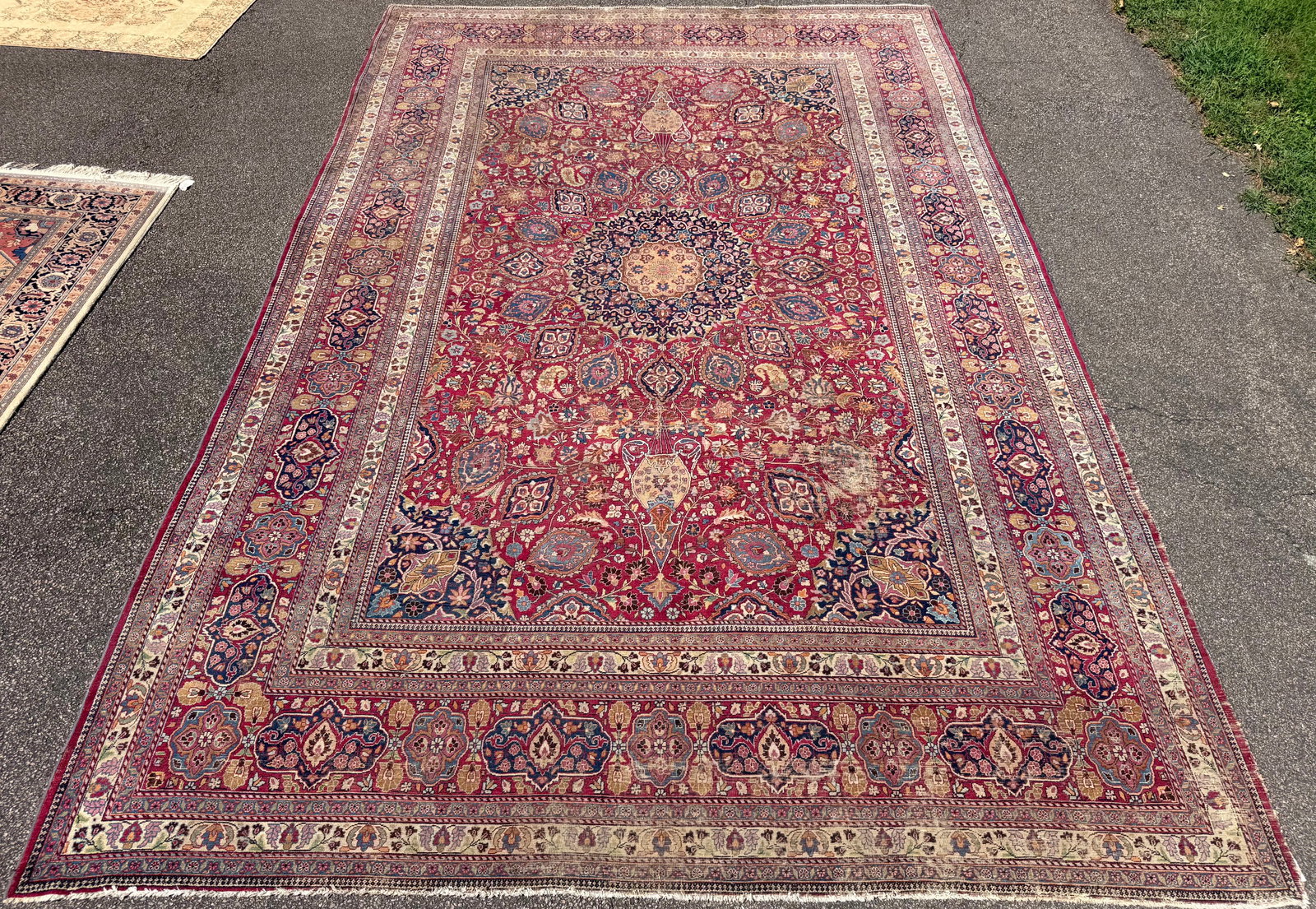 ANTIQUE MANSION PERSIAN KHORASAN HAND KNOTTED RUG, 11.9 x 18.9 (358cm x 546cm): Offered here is an antique mansion sized, Persian Khorasan rug that was hand knotted in Iran of 100 percent natural wool on a cotton foundation. This rug is 100+ years old, has medium to low wool