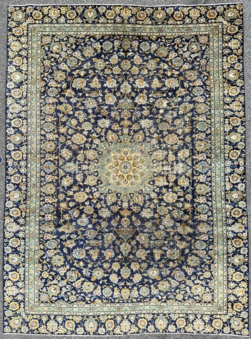 ANTIQUE PERSIAN KASHAN HAND KNOTTED RUG, 9.0 x 12.2 (274cm x 371cm): Offered here is an antique Persian Kashan rug was hand knotted in Iran of 100 percent natural wool on a cotton foundation. This rug is 100-120+ years old, has medium to low wool piles and is in excell