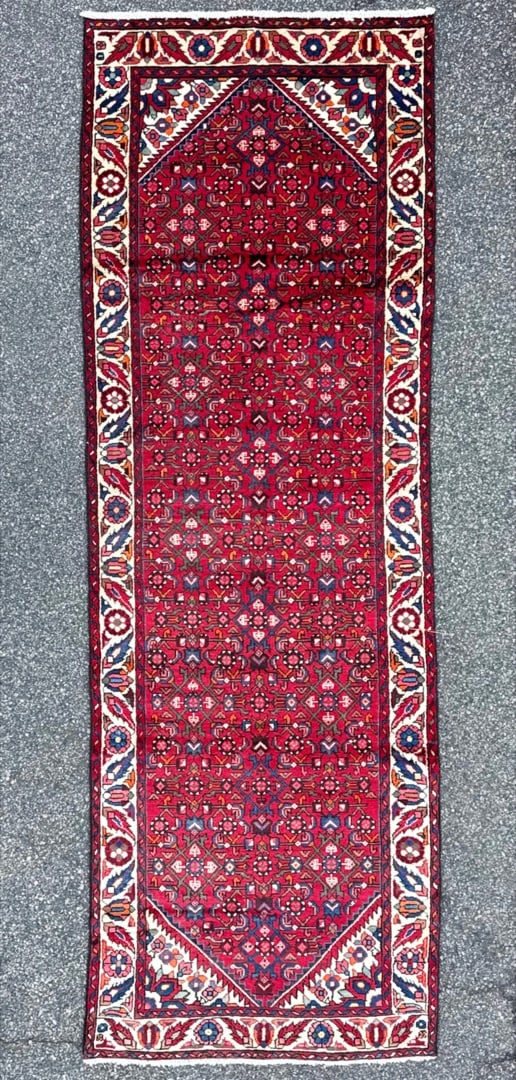 VINTAGE PERSIAN MALAYER HAND KNOTTED RUNNER, 3.5 x 10.1 (104cm x 307cm): Antique Persian Hamadan runner was hand knotted in Iran of 100 percent natural wool. This rug is 60+ years old, has full wool piles and is in excellent condition for its age. Beautiful colors with exc