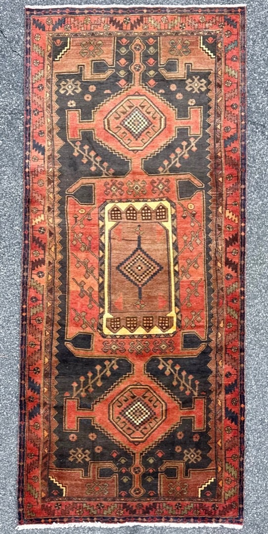 ANTIQUE PERSIAN BIDJAR HAND KNOTTED RUNNER, 4.2 x 9.6 (127cm x 290cm): Antique Persian Bidjar runner was hand knotted in Iran of 100 percent natural wool with a cotton foundation. This rug is 120 to 130+ years old, has medium wool piles and is in excellent condition for 