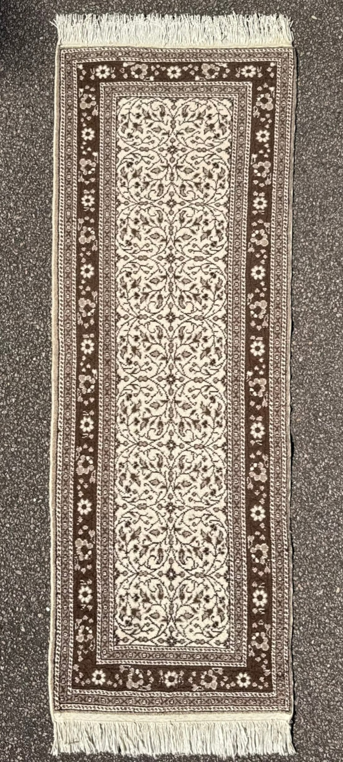 VINTAGE KAYSERI HAND KNOTTED RUG, 2.4 x 6.7 (71cm x 201cm): Offered here is a fine, vintage Turkish Kayseri hand-knotted wool rug, retaining its original identification label documenting Kayseri, Turkey as the place of origin and wool and cotton as the materia