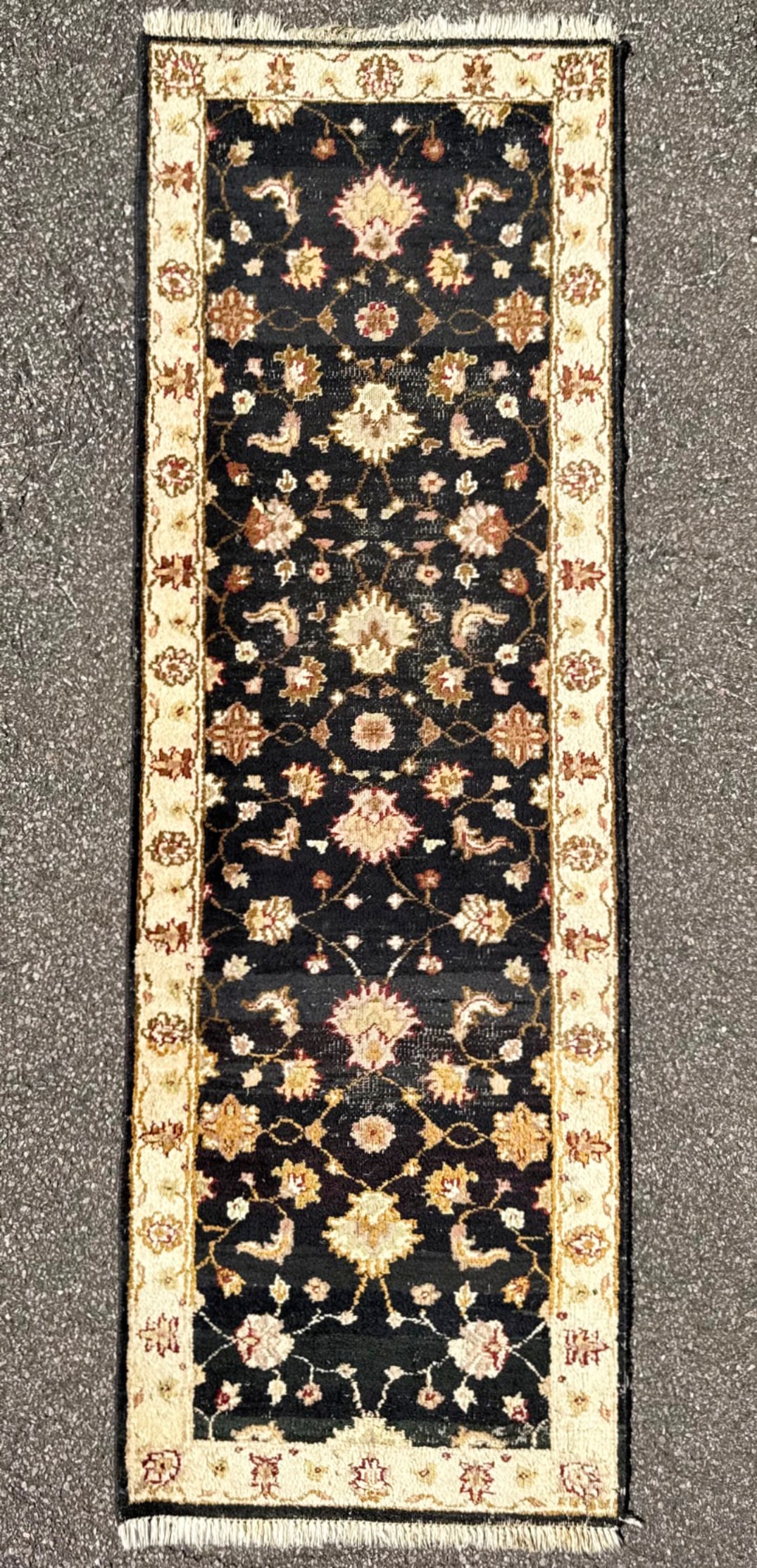 VINTAGE OUSHAK HAND KNOTTED RUNNER, 2.8 x 8.0 (81cm x 244cm): Offered here is an Oushak runner was hand knotted in Turkey of 100 percent natural wool on a cotton foundation. The rug has medium to low wool piles, is 50+ years old and is in excellent con