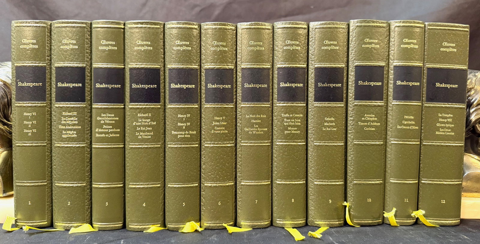 SHAKESPEARE COMPLETE WORKS, 12 VOL. FRENCH LEATHER SET, PIERRE CHAMBRIN WHITE HOUSE CHEF LIBRARY: A distinguished and visually unified 12-volume leather-bound edition of Œuvres complètes de Shakespeare, presented in French translation and bearing the embossed library stamp of Pierre Cham