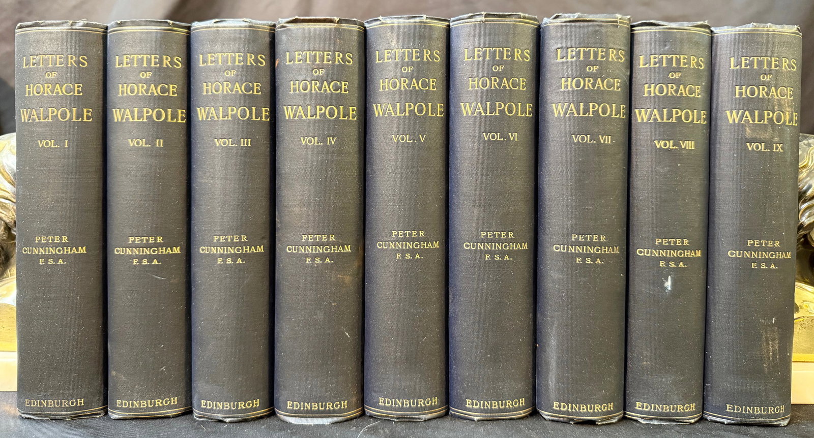THE LETTERS OF HORACE WALPOLE, 9 VOLUMES, 1906: 1906. Edinburgh. John Grant, Publisher. Complete in 9 volumes. All volumes are in Very Good+ to Very Good condition. All volumes are bound in black cloth hard covers, and embossed in gold lettering on