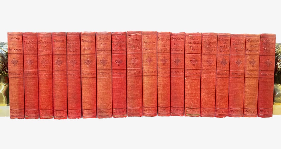 THE WORKS OF LOUISE MUHLBACH, 18 VOLUMES, 1905: 1905. New York. A. L. Fowle. Complete in 18 volumes. All volumes are in Very Good condition. All volumes are red cloth hardback with gold embossed title on the spine, much of the gold has rubbed off. 