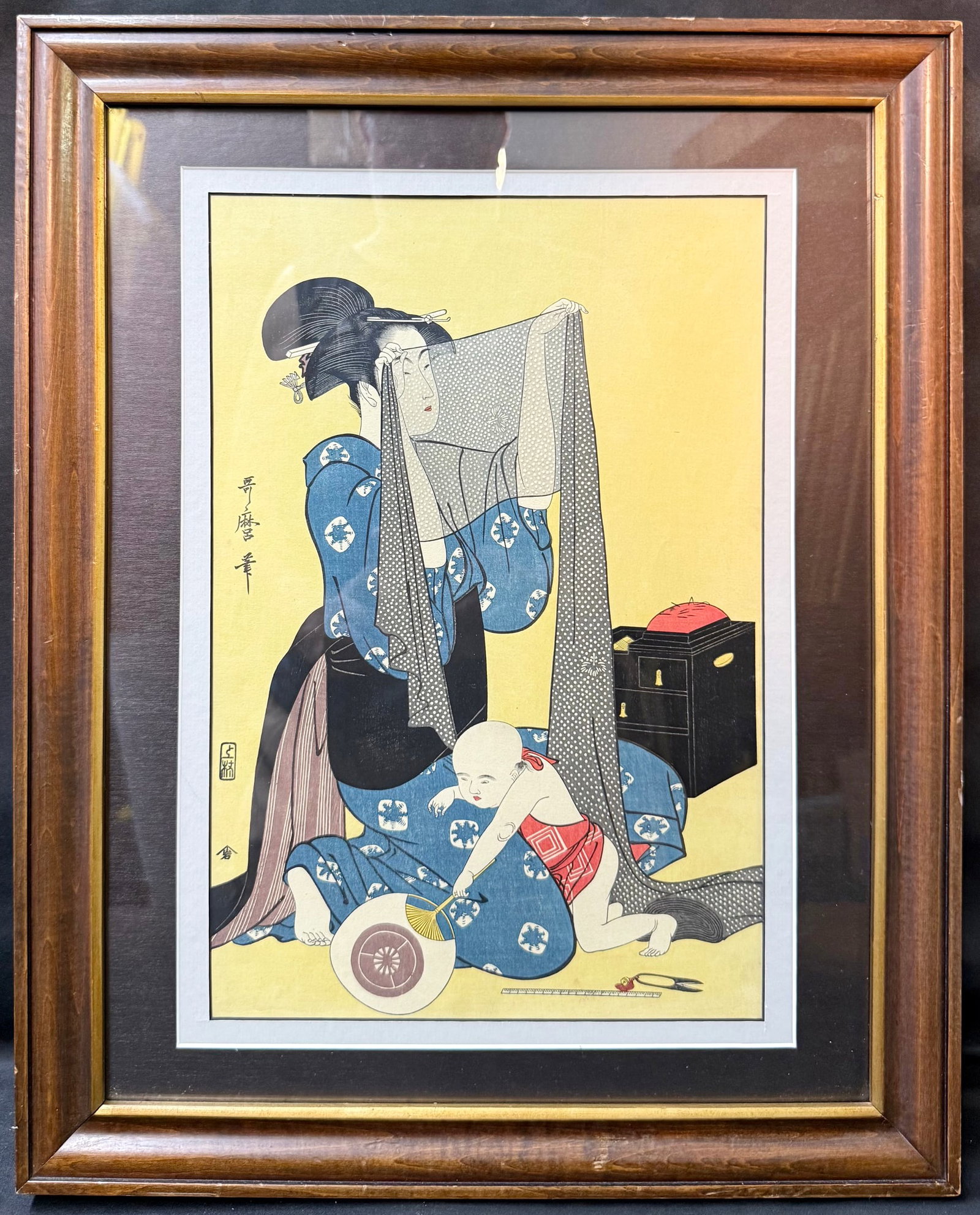 KITAGAWA UTAMARO (1753-1806) JAPANESE WOODBLOCK PRINT TITLED NEEDLEWORK WITH COA, 16.5IN x 20.5IN: A beautifully executed early 20th-century Japanese woodblock reprint after Kitagawa Utamaro (Japanese, circa 1753–1806), one of the greatest masters of kiyo-e. This traditionally block-printed i