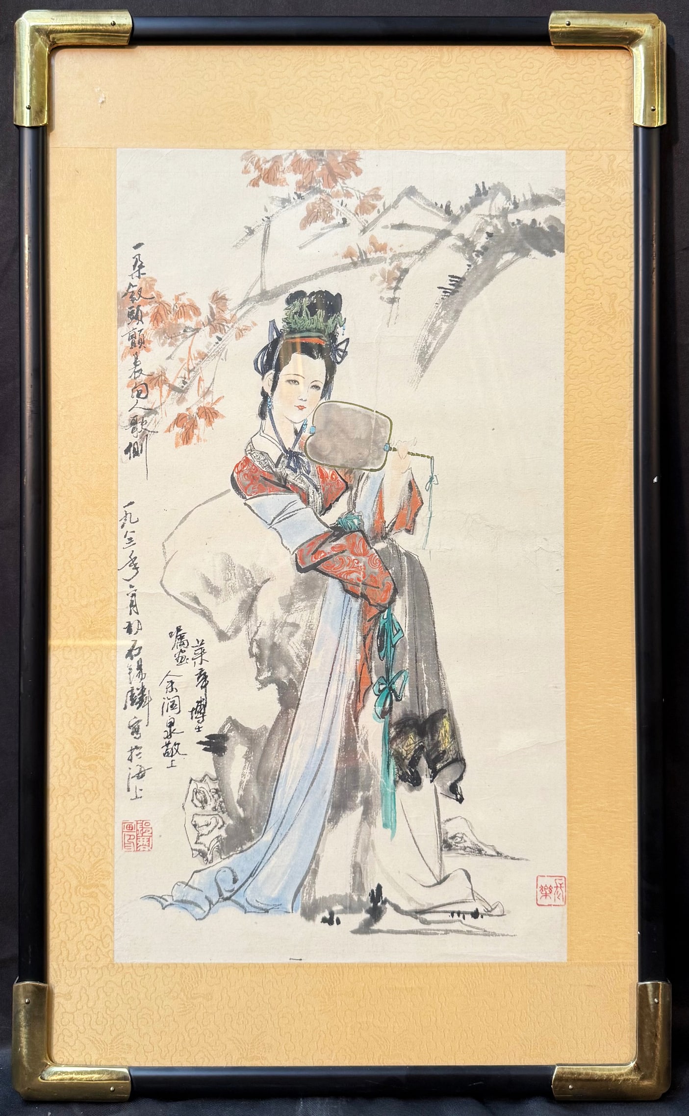 ORIGINAL CHINESE INK AND COLOR FIGURE PAINTING BY NING ZHENJIANG TITLED LADY WITH MIRROR, 17IN x: A beautifully painted Chinese ink-and-color figure work depicting an elegant court lady, rendered in soft washes and expressive brushwork. The artist captures refined Tang-style beauty with delicate f