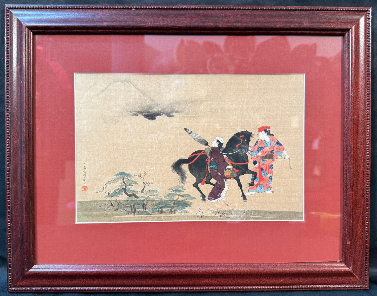ANTIQUE JAPANESE WOODBLOCK PRINT BY MIYAGAWA CHOSHUN (1682-1752) TITLED A JOURNEY TO YEDO WITH COA,: Antique Japanese woodblock print by Miyigawa Choshun (1682-1752) titled A Journey to Edo. This piece was created in the 1920s and is after the original which was created in the early 1700s. This piece