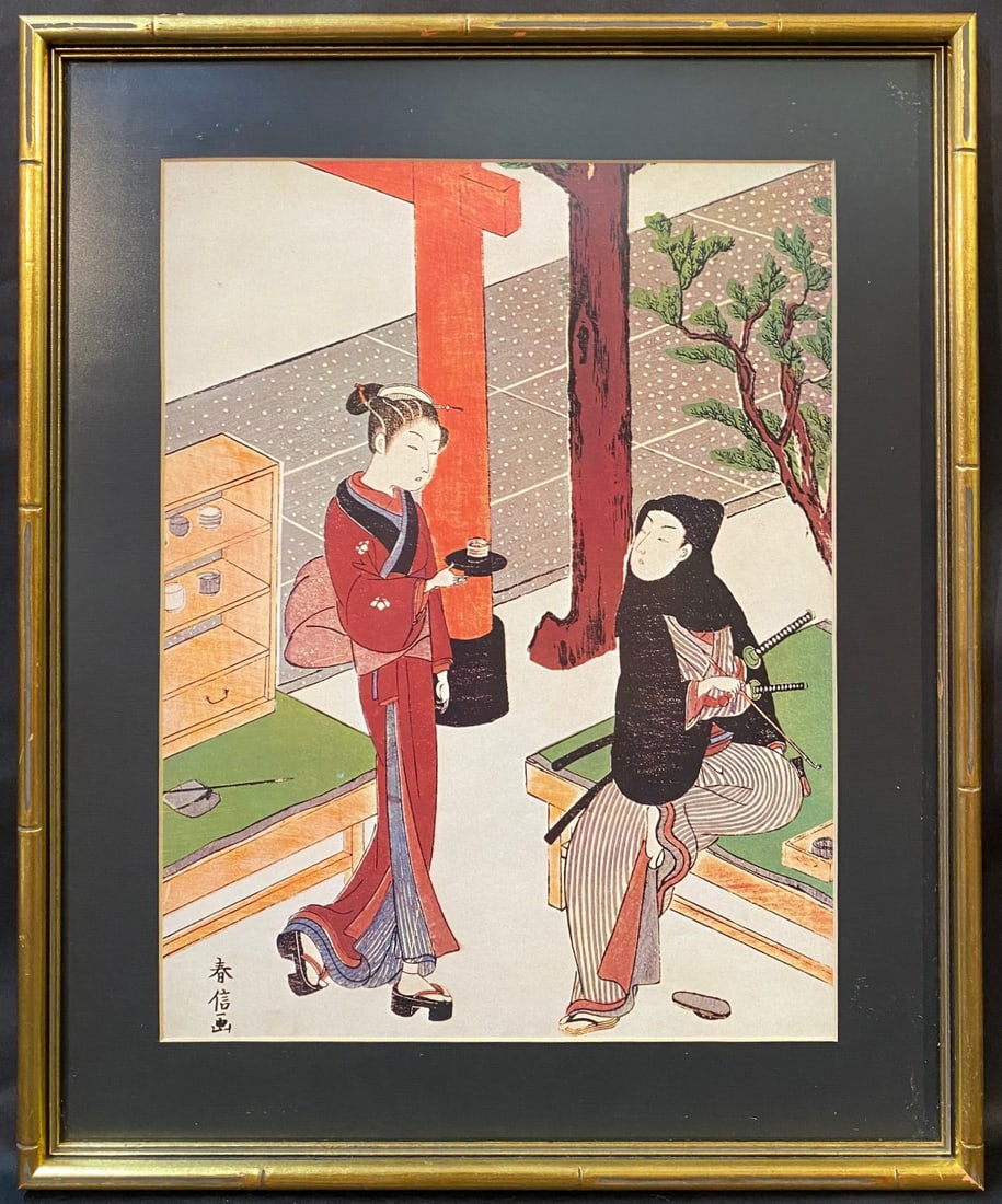 ANTIQUE JAPANESE WOODBLOCK PRINT BY SUZUKI HARUNOBU (1724-1770) TITLED OSEN WAITING ON A YOUNG: Antique Japanese woodblock print by Suzuki Harunobu (1724-1770) titled Osen Waiting on a Young Samurai. It is after the original which is displayed in the Tokyo National Museum. This piece is matted a