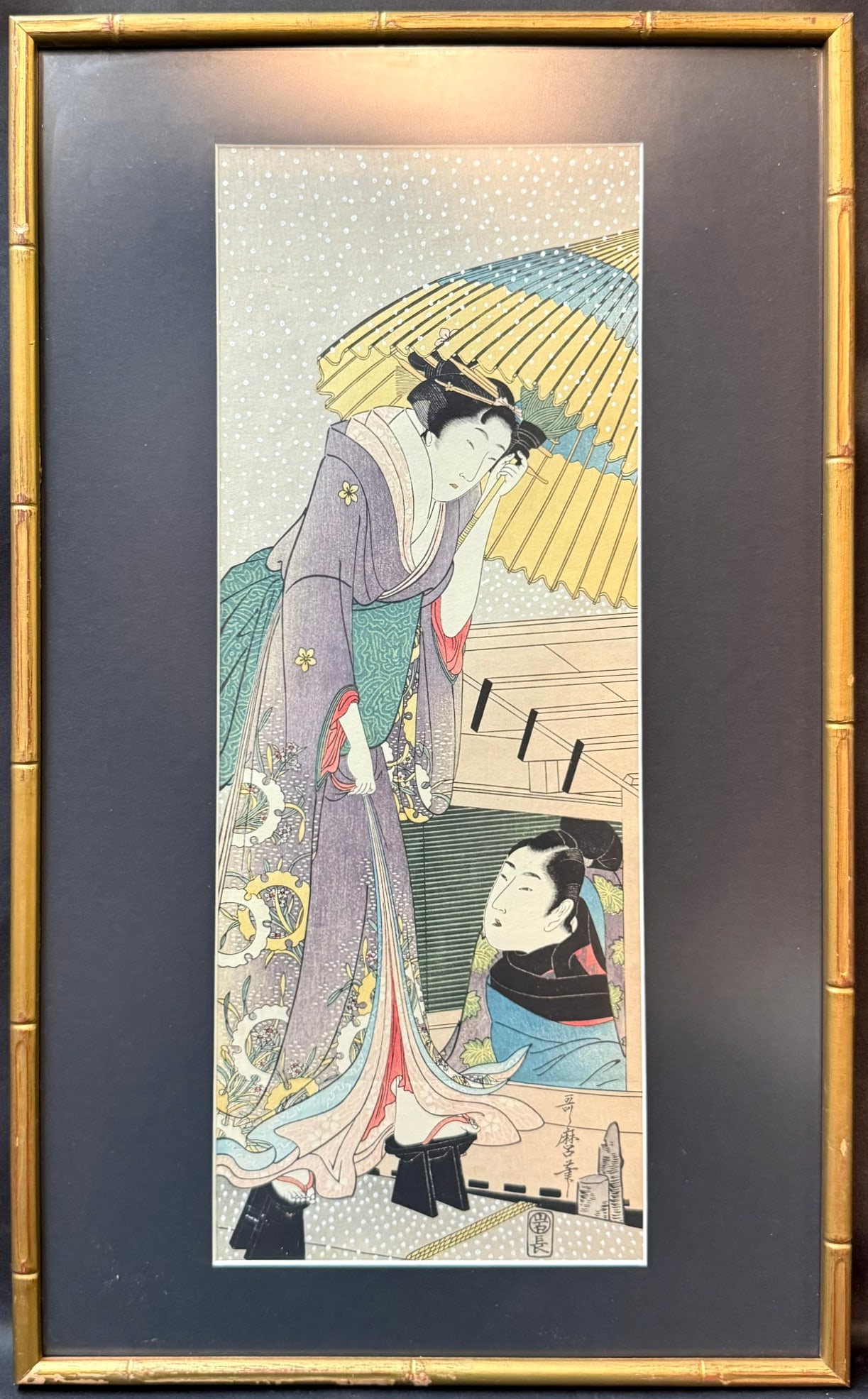 KITAGAWA UTAMARO (1753-1806) JAPANESE WOODBLOCK PRINT TITLED OSHICHI AND KICHISABURO WITH COA,: A superb, traditionally printed Japanese woodblock after Kitagawa Utamaro (Japanese, circa 1753–1806), depicting the legendary lovers Oshichi and Kichisaburo in a dramatic winter encounter. Prod