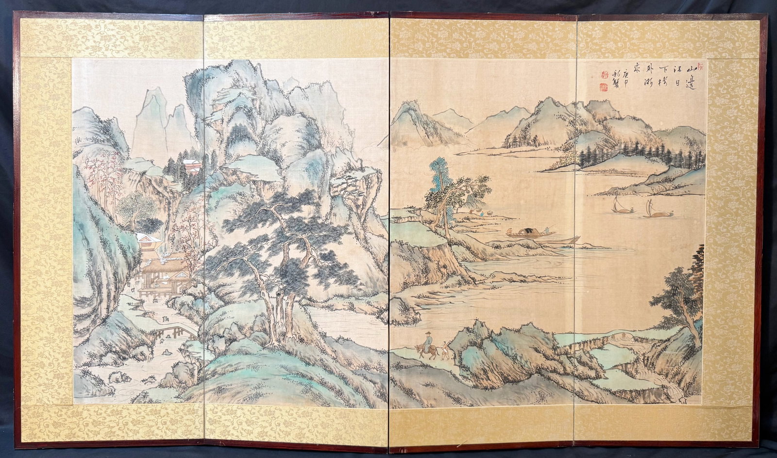 LARGE HAND-PAINTED CHINESE SILK LANDSCAPE SCREEN, 4 PANEL SCHOLARÕS RETREAT SCENE, ZEN JAPANDI: A visually commanding four-panel Chinese silk landscape screen, hand-painted in the classical shan shui (mountain-water) tradition, presenting a serene scholar’s retreat unfolding across a panor