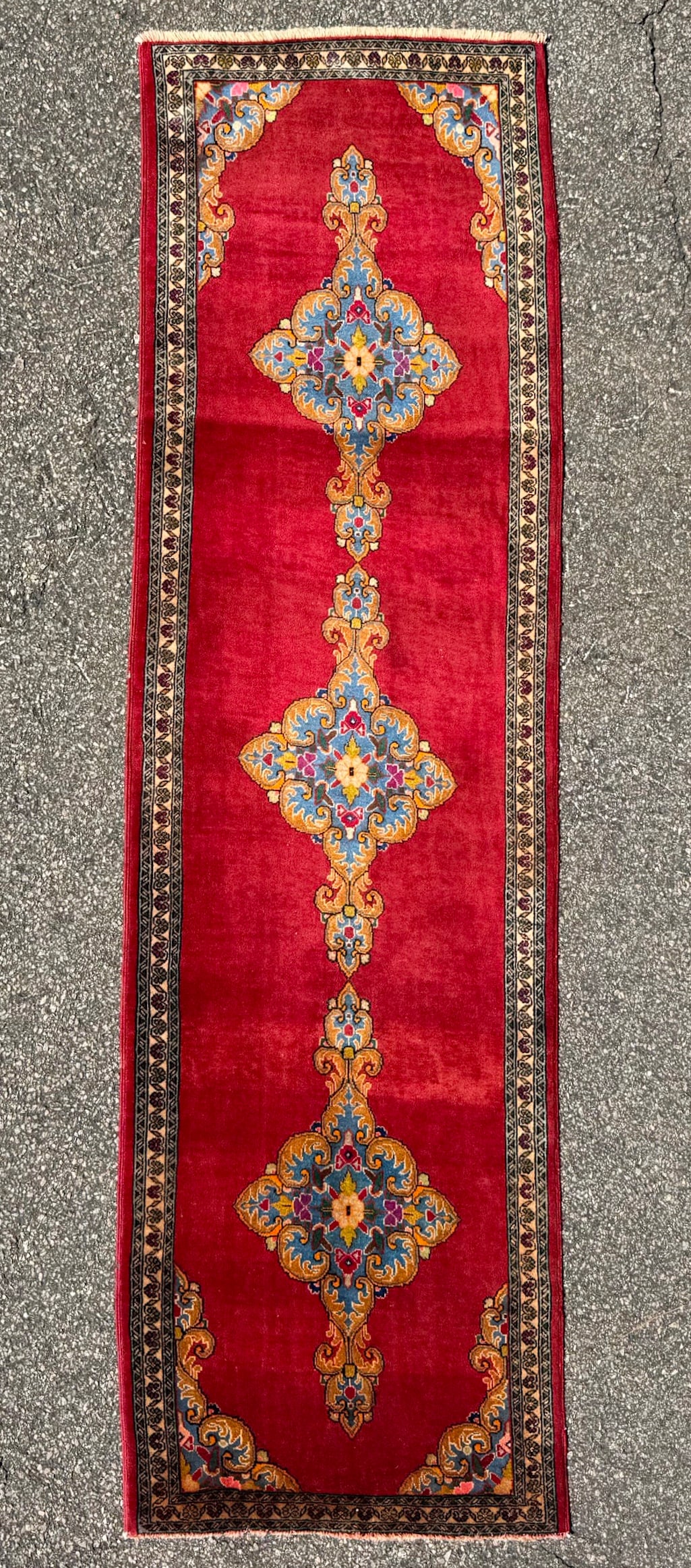 VINTAGE PERSIAN KERMAN HAND KNOTTED RUNNER, 2.7 x 9.1 (79cm x 277cm): Offered here is a vintage, Persian Kerman runner that was hand made in Iran of 100 percent natural wool on a cotton foundation. This rug is 50+ years old, has full wool piles and is in excellent 