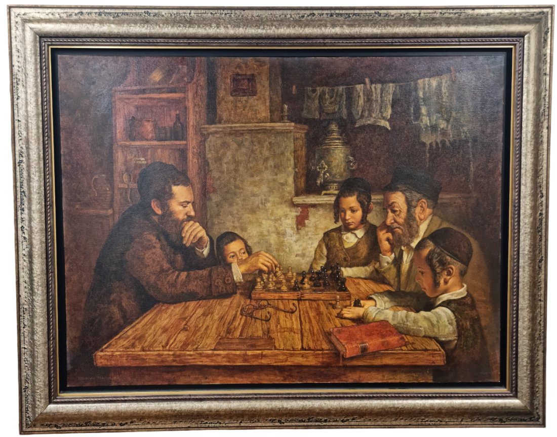 Boris Dubrov - oil on canvas, Jews playing chess, signed, dimensions: 76x102 cm, dimensions (1 of 3)