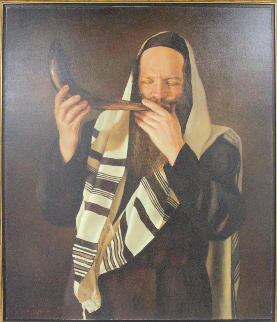 Boris Dobrov - oil on canvas, a Jew wrapped in a tallit blowing a shofar,  Dimensions including (1 of 4)
