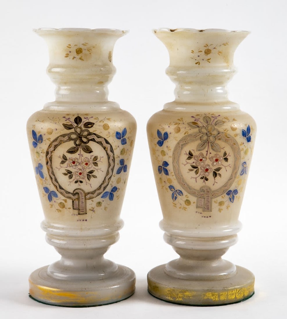 A Pair of Hand Painted Parcel Gilt and Enamel Grey Opaline Glass Vases, 19th Century (1 of 5)