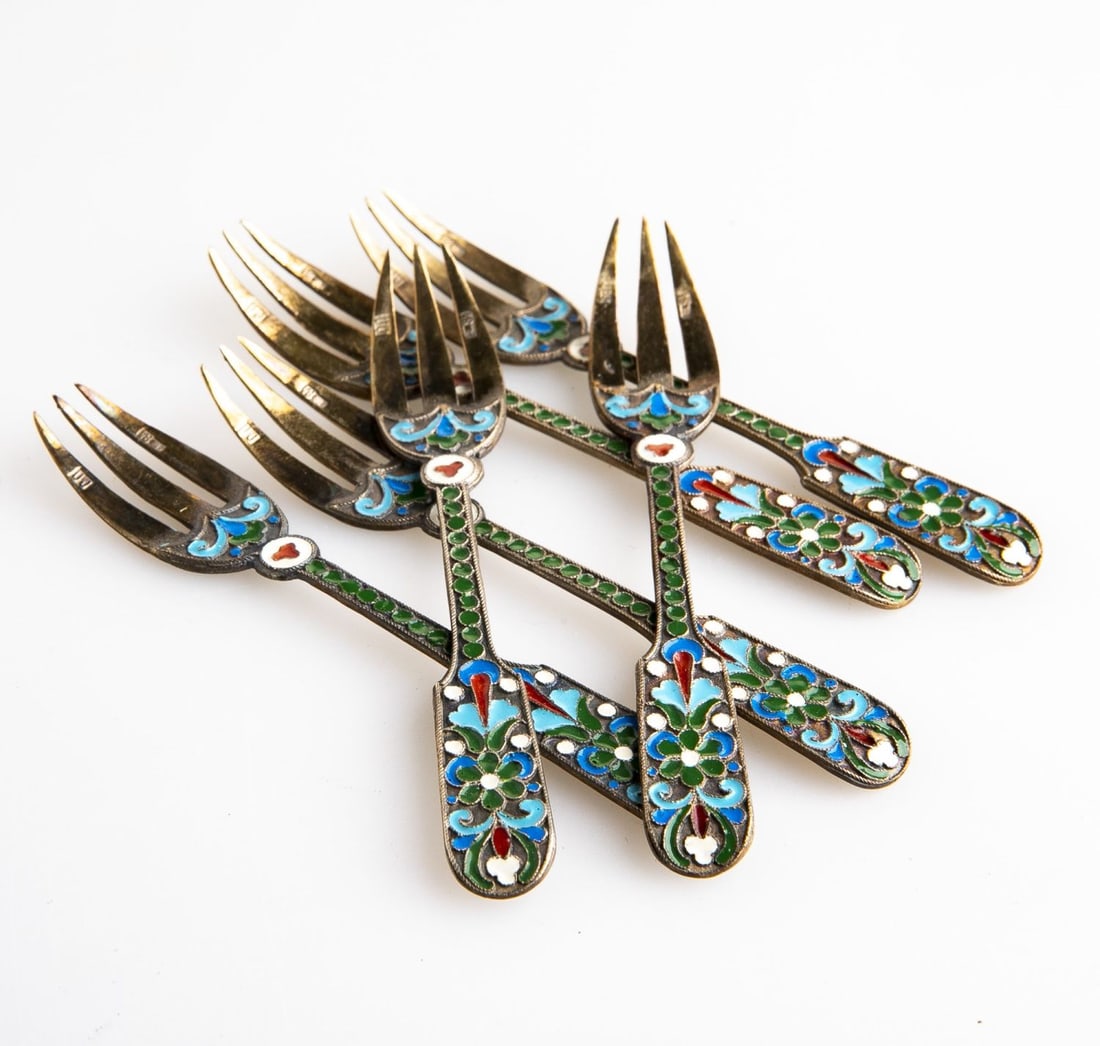 A Set of Six Russian Desert Silver Gilt and Enamel Cloisonne Forks, (1 of 5)