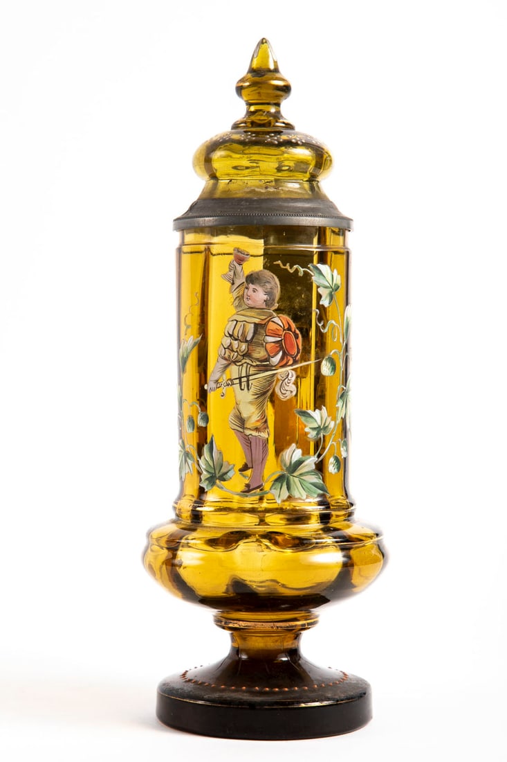 An Antique Pewter Amber Glass and Enamel Lidded Tankard: An Antique Pewter Amber Glass and Enamel Lidded Tankard Hand painted. Height: 25.5 cm, width: 13 cm