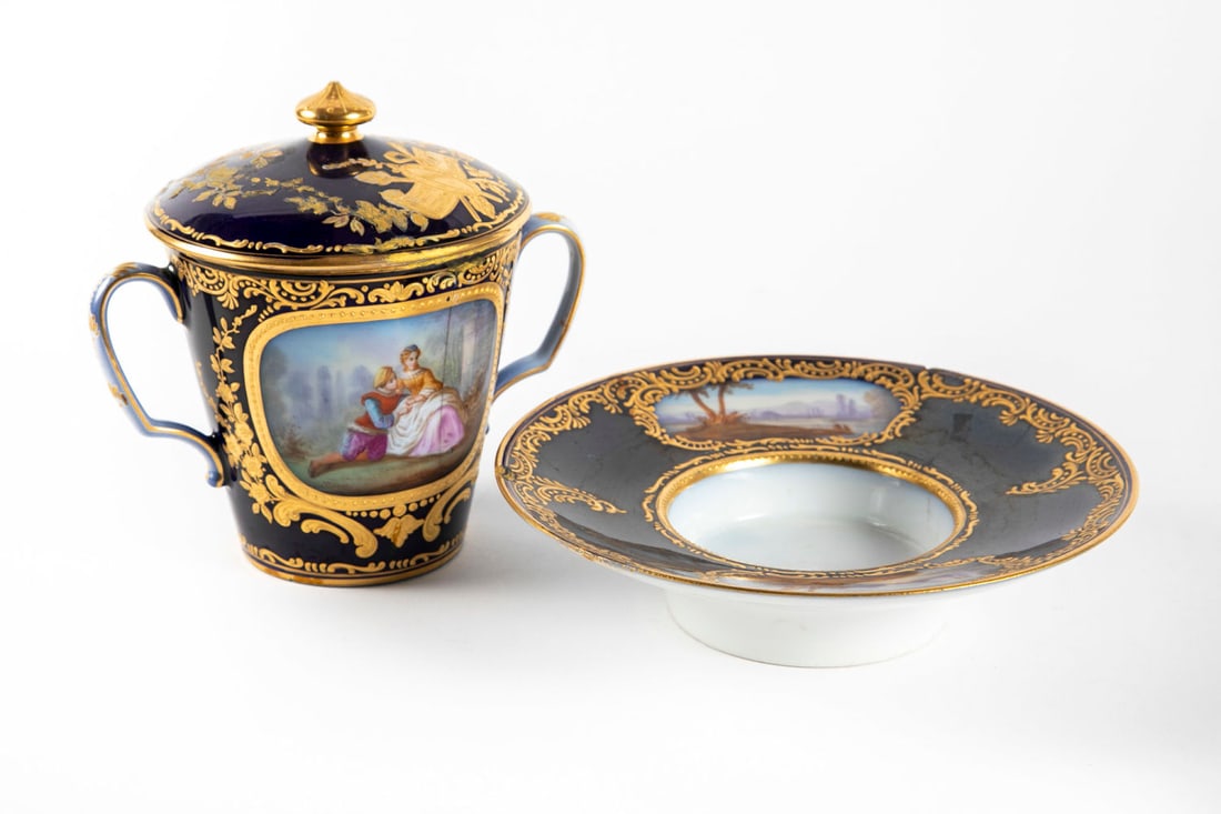 A Fine Sevres Style Porcelain Hot Cocoa Lidded Cup and Saucer Set, France, Late 19th Century (1 of 5)