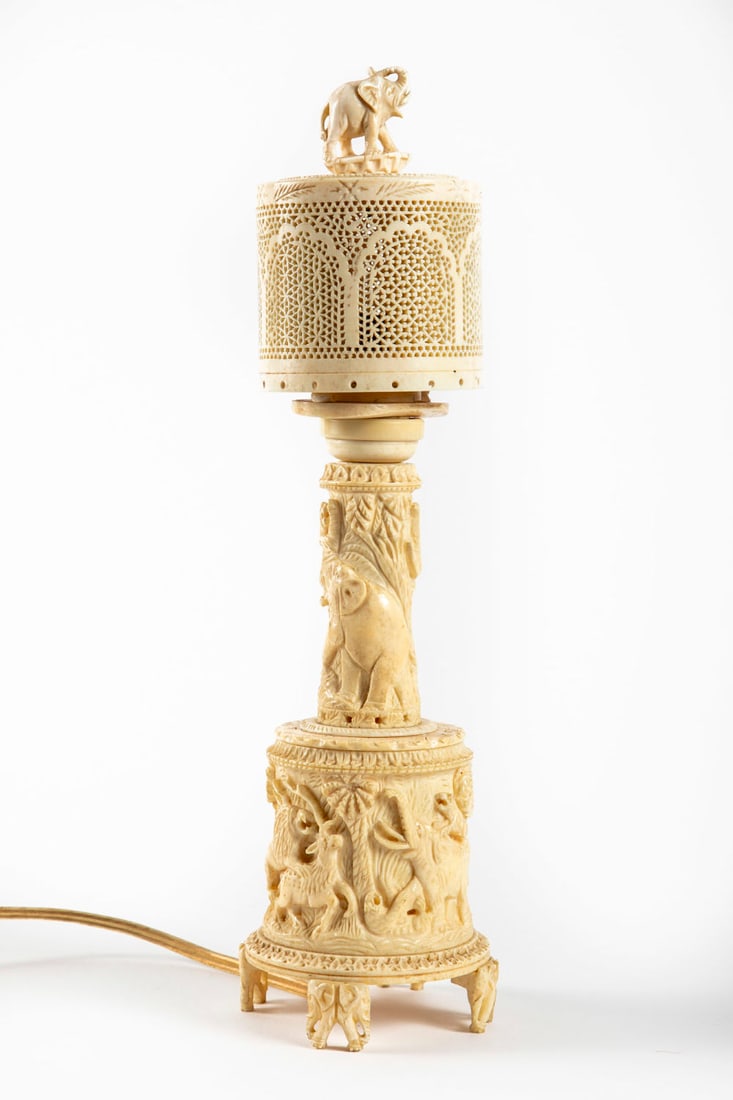 A Colonial Carved Organic Material Tabletop Lamp, Idia, ca 1900 (1 of 6)