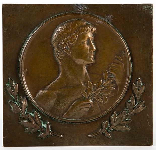 Antique bronze tile from the 19th century, in the form of an athlete holding a tree branch,: Antique bronze tile from the 19th century, in the form of an athlete holding a tree branch, Dimensions: 15x16 cm,