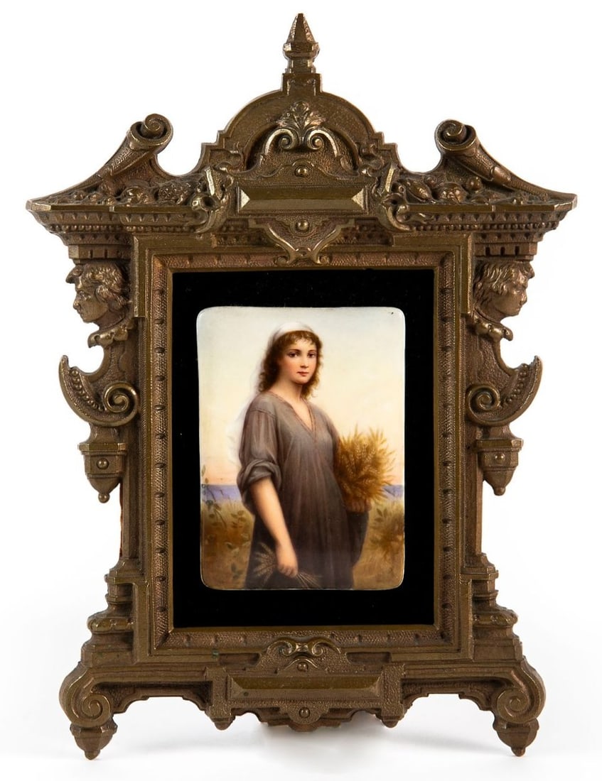 Antique and high-quality German porcelain tile, circa 1880, made by K.P.M Berlin, decorated with a: Antique and high-quality German porcelain tile, circa 1880, made by K.P.M Berlin, decorated with a hand-painted enamel image of Ruth the Moabite at the wheat harvest, magnificent bronze frame in the N