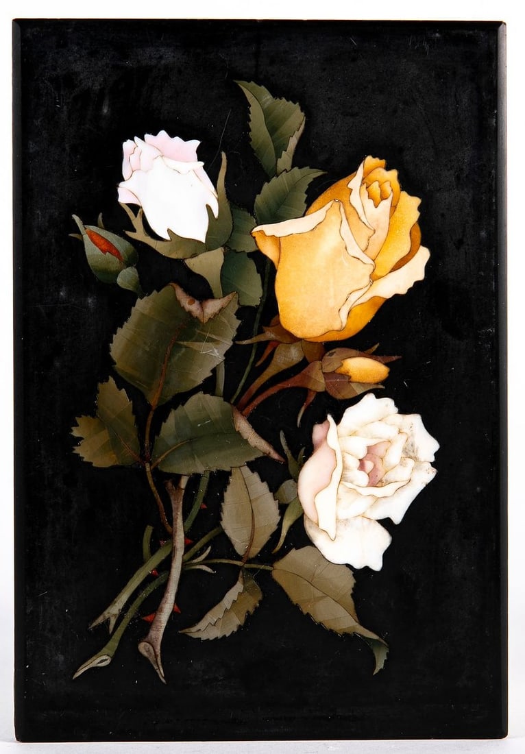 Antique Italian (Florentine) Pietra Dura tile from around 1900, depicting a blooming rose bush,: Antique Italian (Florentine) Pietra Dura tile from around 1900, depicting a blooming rose bush, Dimensions: 18x12 cm,