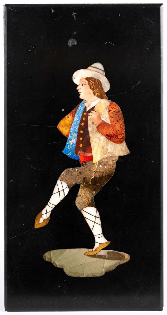 Antique Italian (Florentine) Pietra Dura tile, late 19th century, decorated with a dancing peasant: Antique Italian (Florentine) Pietra Dura tile, late 19th century, decorated with a dancing peasant figure, Dimensions: 17x9 cm