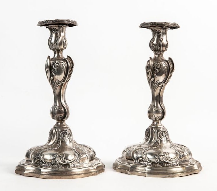 A pair of antique German silver candlesticks, made by 'Gebruder Friedlander, Berlin', made of 800 (1 of 5)