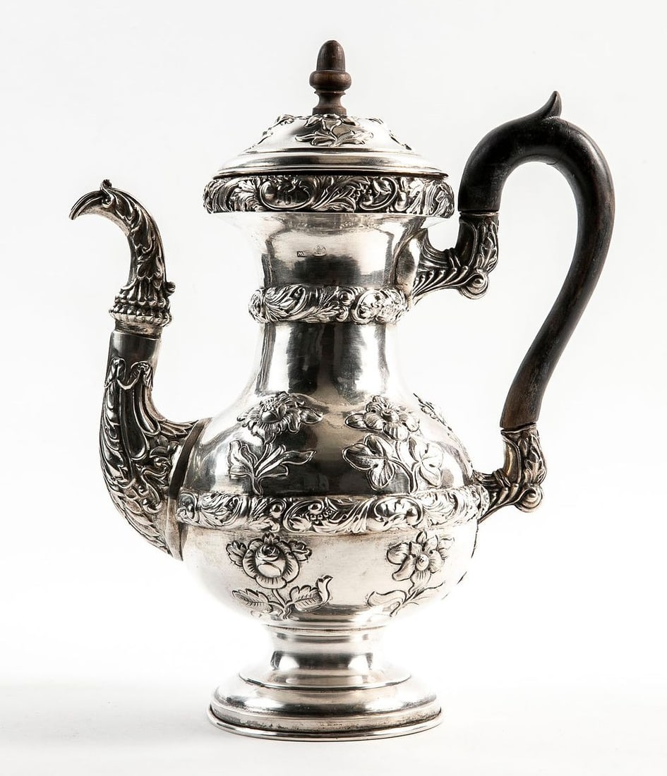 Antique Viennese coffee pot, made of 813 silver (LOTH 13) with wooden handles, decorated with (1 of 11)