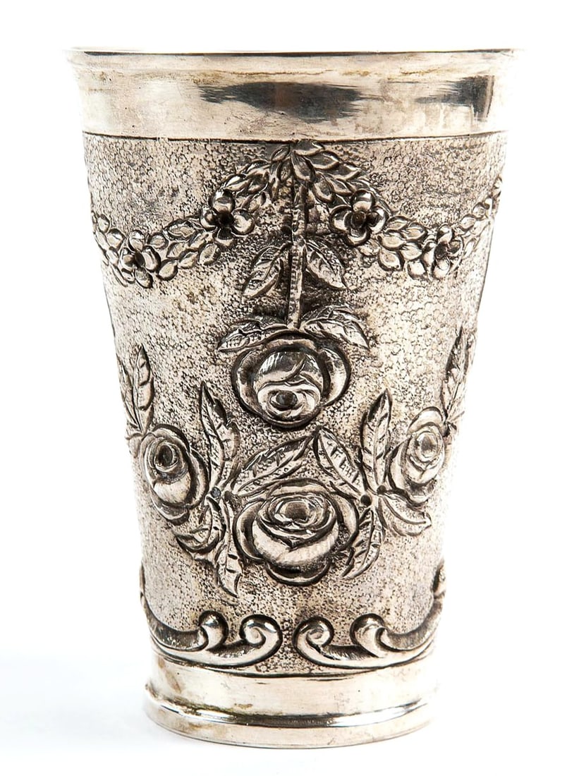Antique German Kiddush cup, made of 800 silver, hallmarked, decorated with reliefs and a gilt (1 of 5)