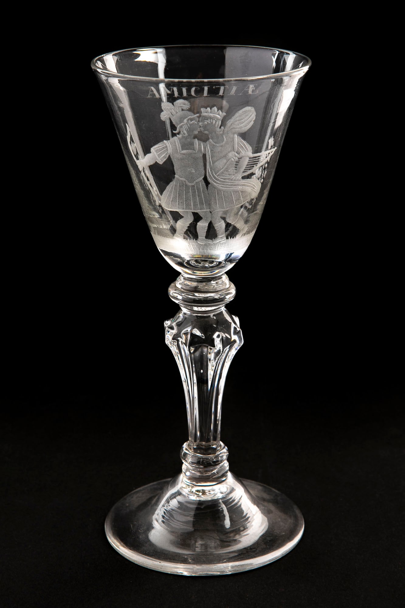 A rare and antique 18th-century Dutch glass goblet, made of hand-blown glass and decorated with hand: A similar item is displayed at the V&A Museum in London (Victoria and Albert Museum) https://www.vam.ac.uk/articles/dutch-wine-glass-a-secret-love-token