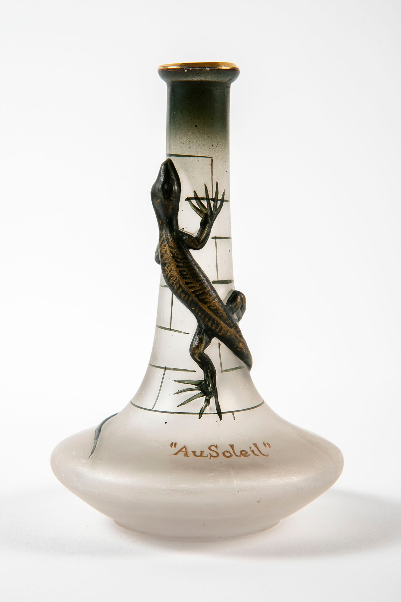 An antique French perfume bottle, circa 1912, by 'Lubin, Paris', decorated with a lizard figure, and (1 of 6)
