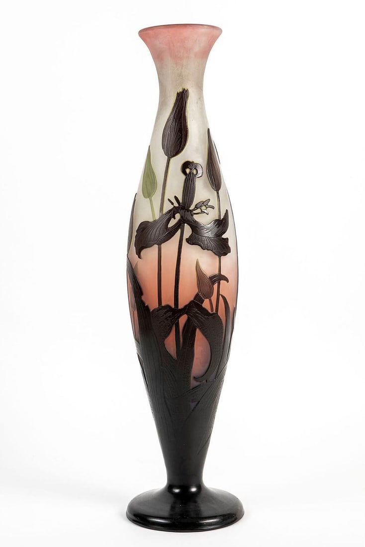 An approximate 1900s large French glass vase, made by Emile Galle, decorated and signed with cameo, (1 of 9)