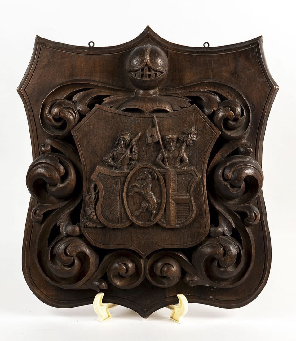 19th century antique European wall decoration, made of carved oak, in the form of a heraldic symbol, (1 of 7)