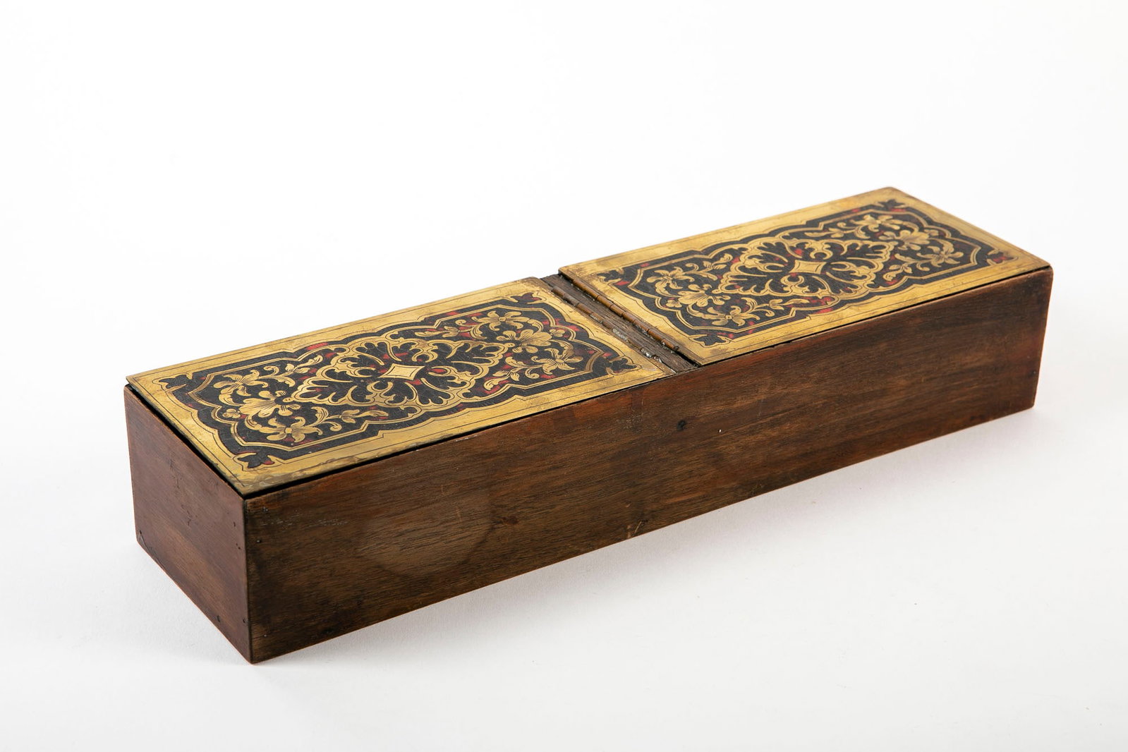 An antique two-compartment desk box, made of wood, the lids are in the style of the work of Andr?© (1 of 5)