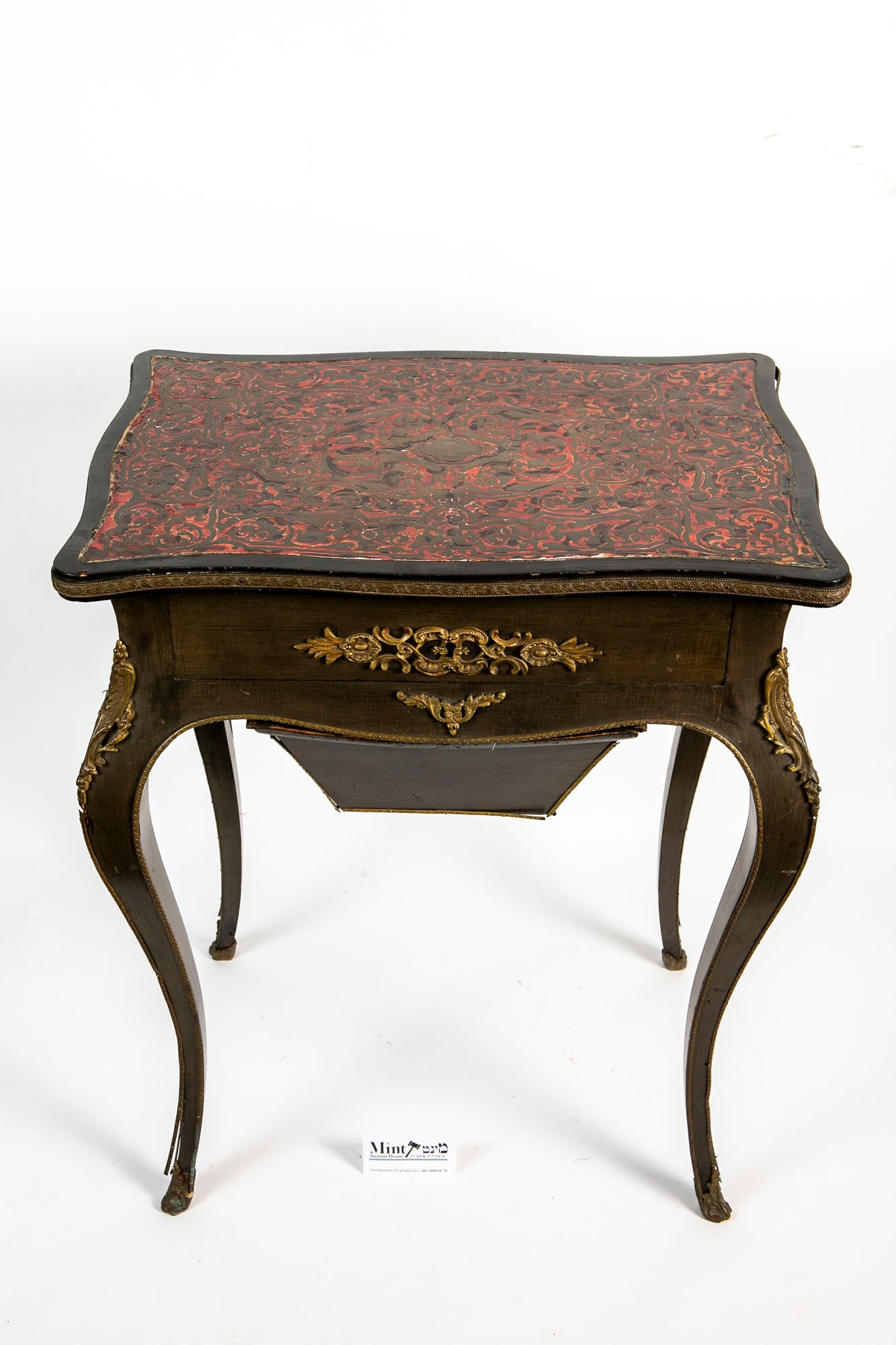 Antique French sewing table, Andr?© Charles Boulle style, made of wood studded with brass,: Antique French sewing table, Andr?© Charles Boulle style, made of wood studded with brass, blemishes and repairs, Height: 73 cm, Length: 57 cm, Width: 42 cm,