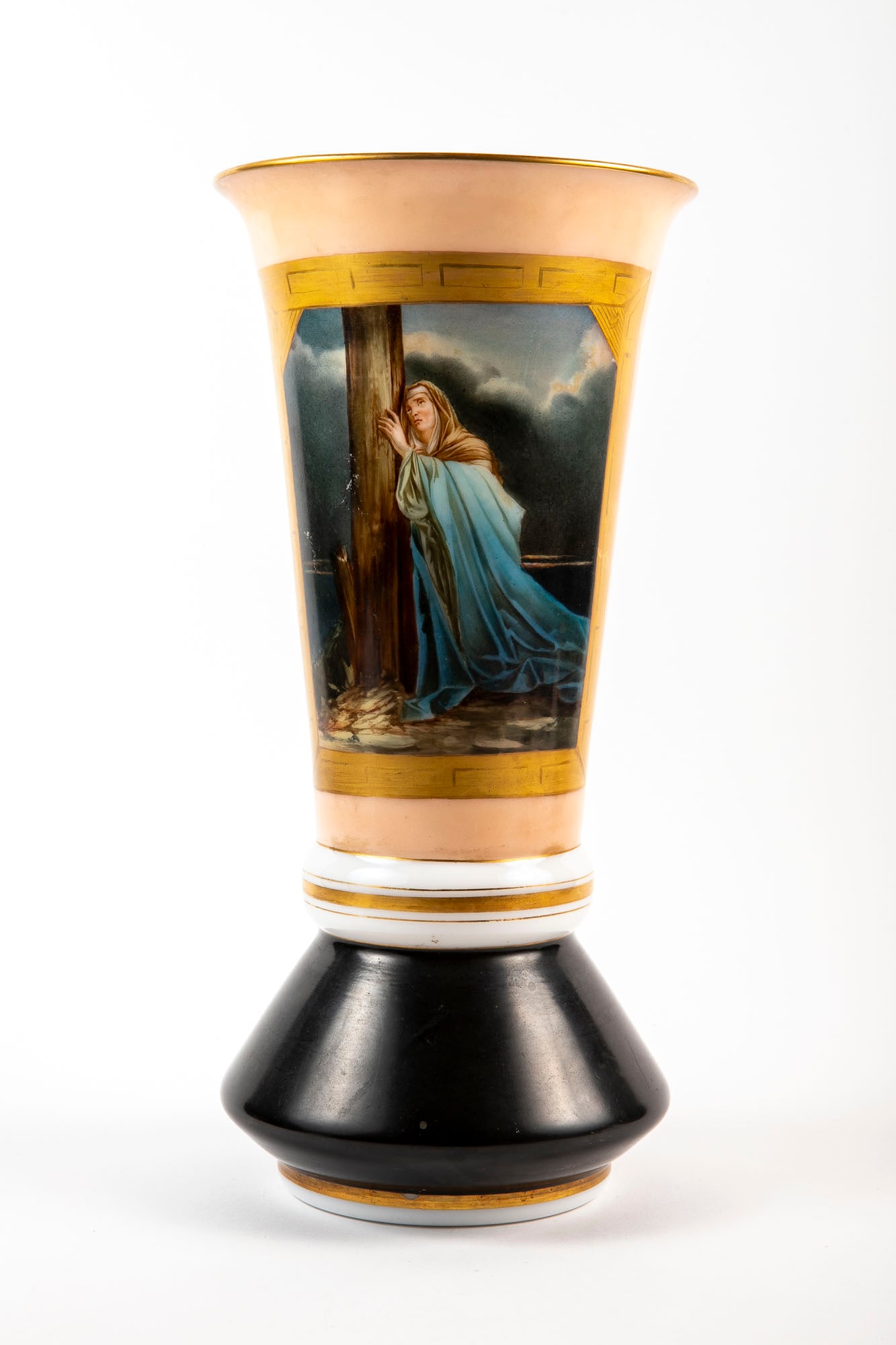 Antique French glass vase, decorated with enamel hand painting on a pink and black background, (1 of 4)
