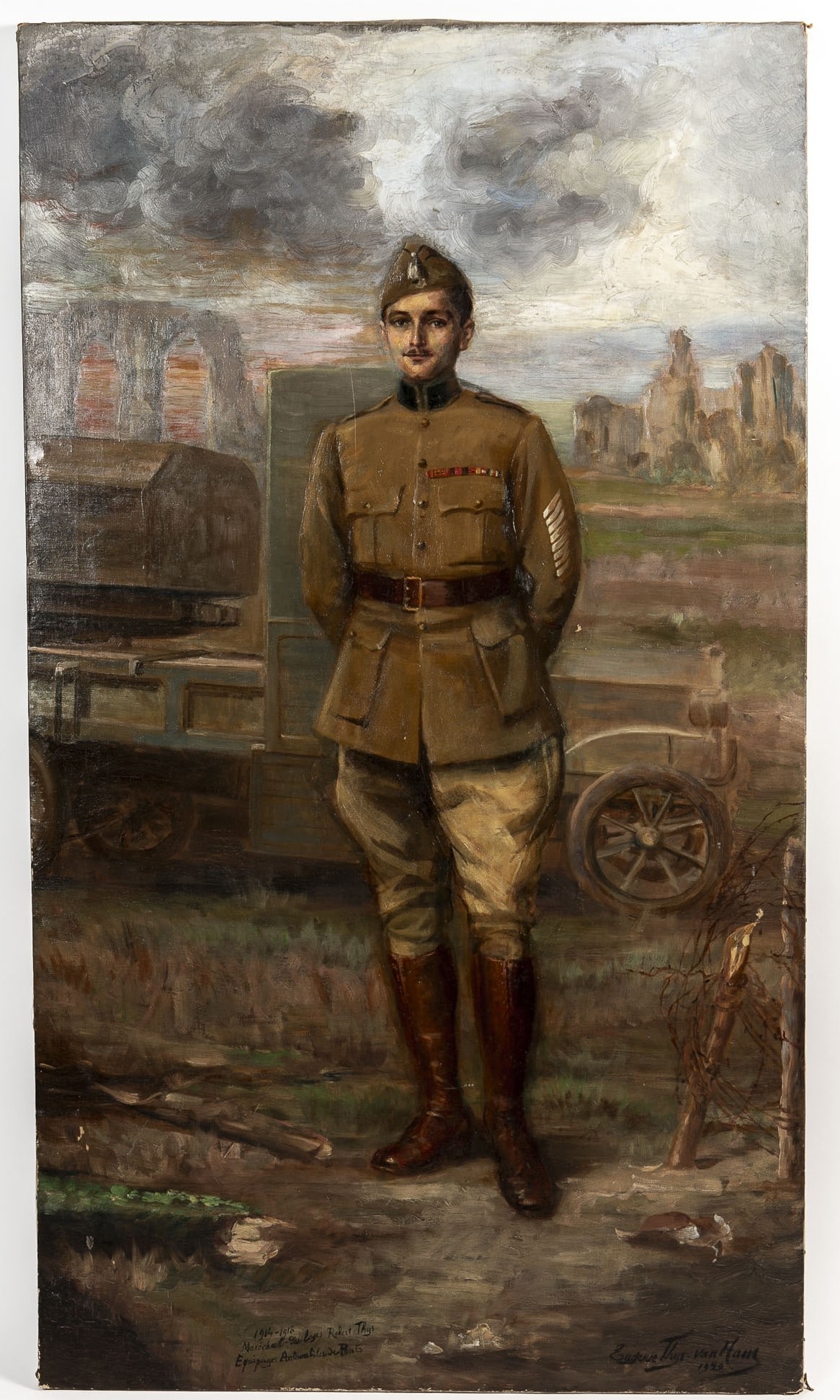 An antique and large European painting, depicting a soldier in a uniform from World War I, oil on: An antique and large European painting, depicting a soldier in a uniform from World War I, oil on canvas, signed and dated 1920, a number of small paint flakes, dimensions: 137x77 cm,